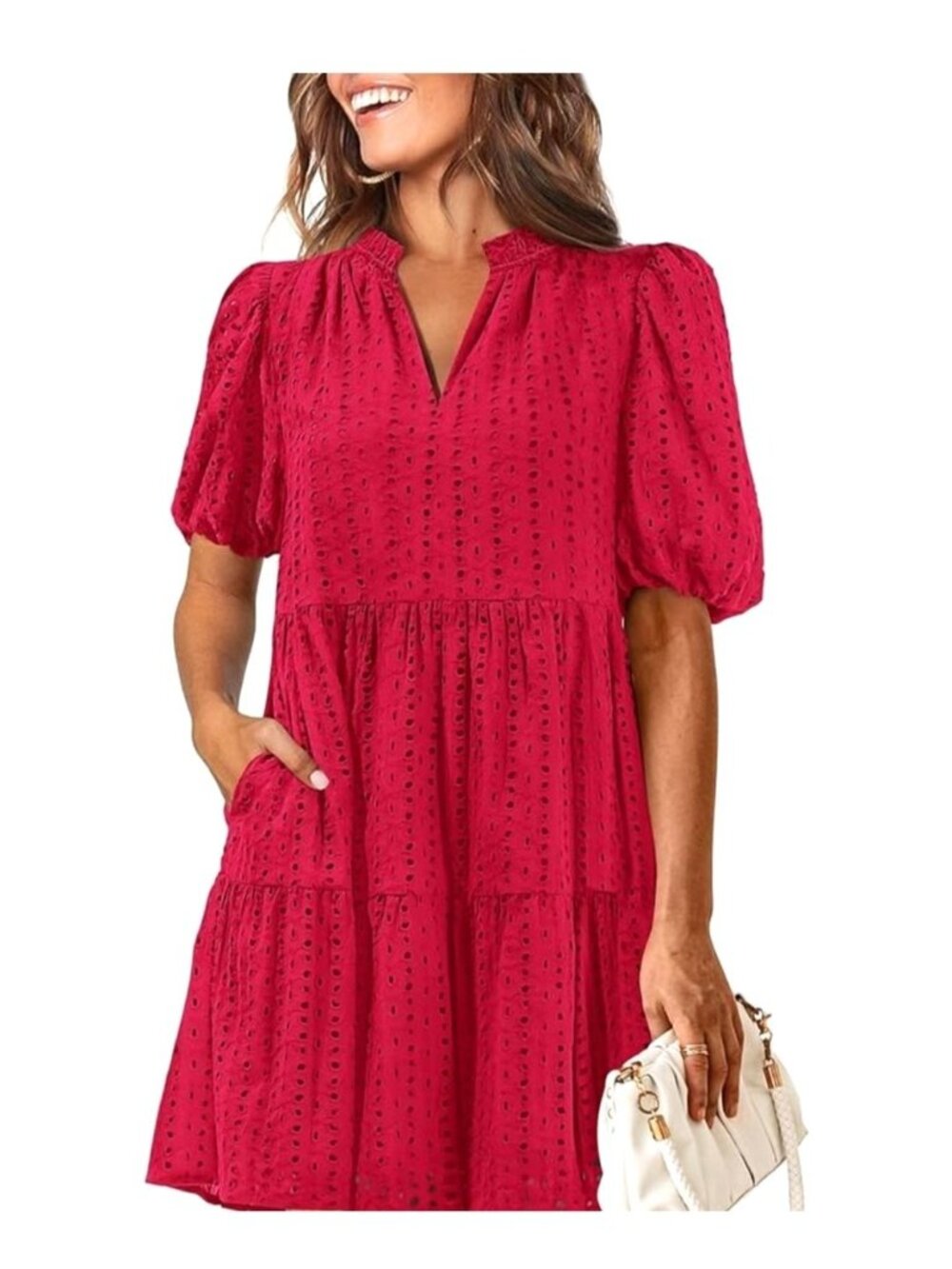 Kirundo Womens XL Eyelet Mini Summer Dress Short Sleeves Tiered V-Neck Casual